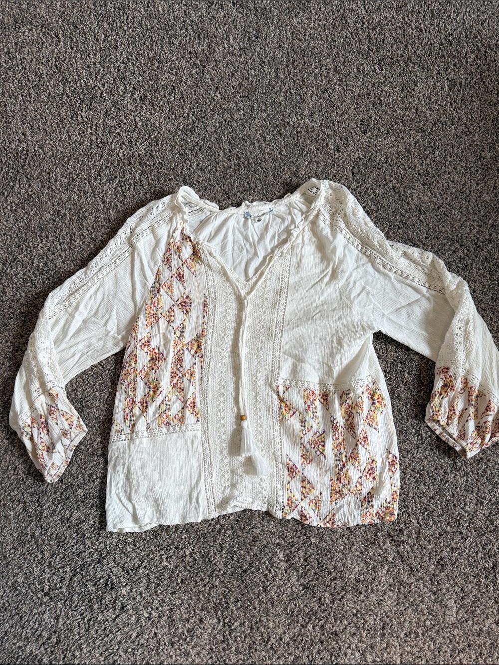 Soleillee Boho White Peasant Blouse with Floral Trim Size XL